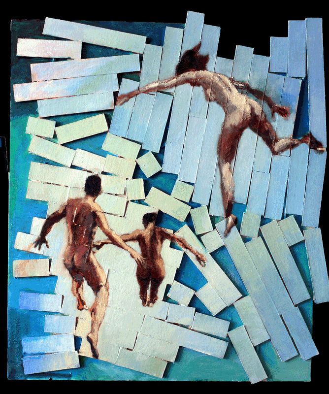 Painted Trio of Two Women and One Man Falling in Fragmented Space